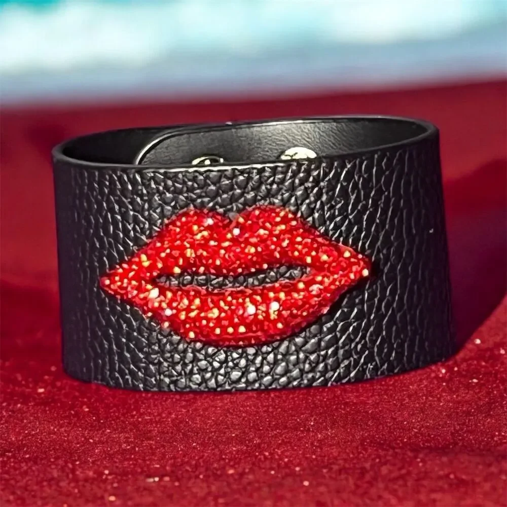 Rhinestone Red Lip Cuff Bracelet Black PU Leather​